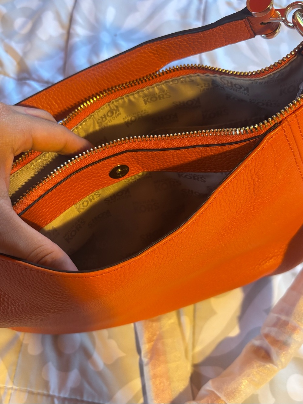 Michael Kors Orange Leather Shoulder Bag with Gold MK Charm - Picture 5 of 5